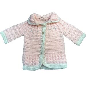 VTG  Handmade in Korea Baby Sweater Pink 100% Acrylic Buttons Collar